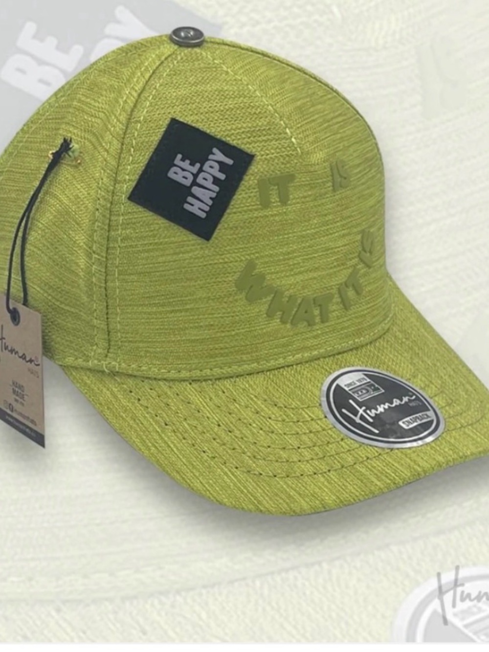 Lime Green 'Be Happy' Cotton Baseball Cap